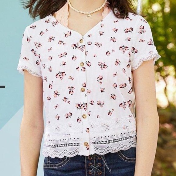 Justice navy blue lace trim size 14 v neck button front top July 4th Summer - Picture 4 of 4